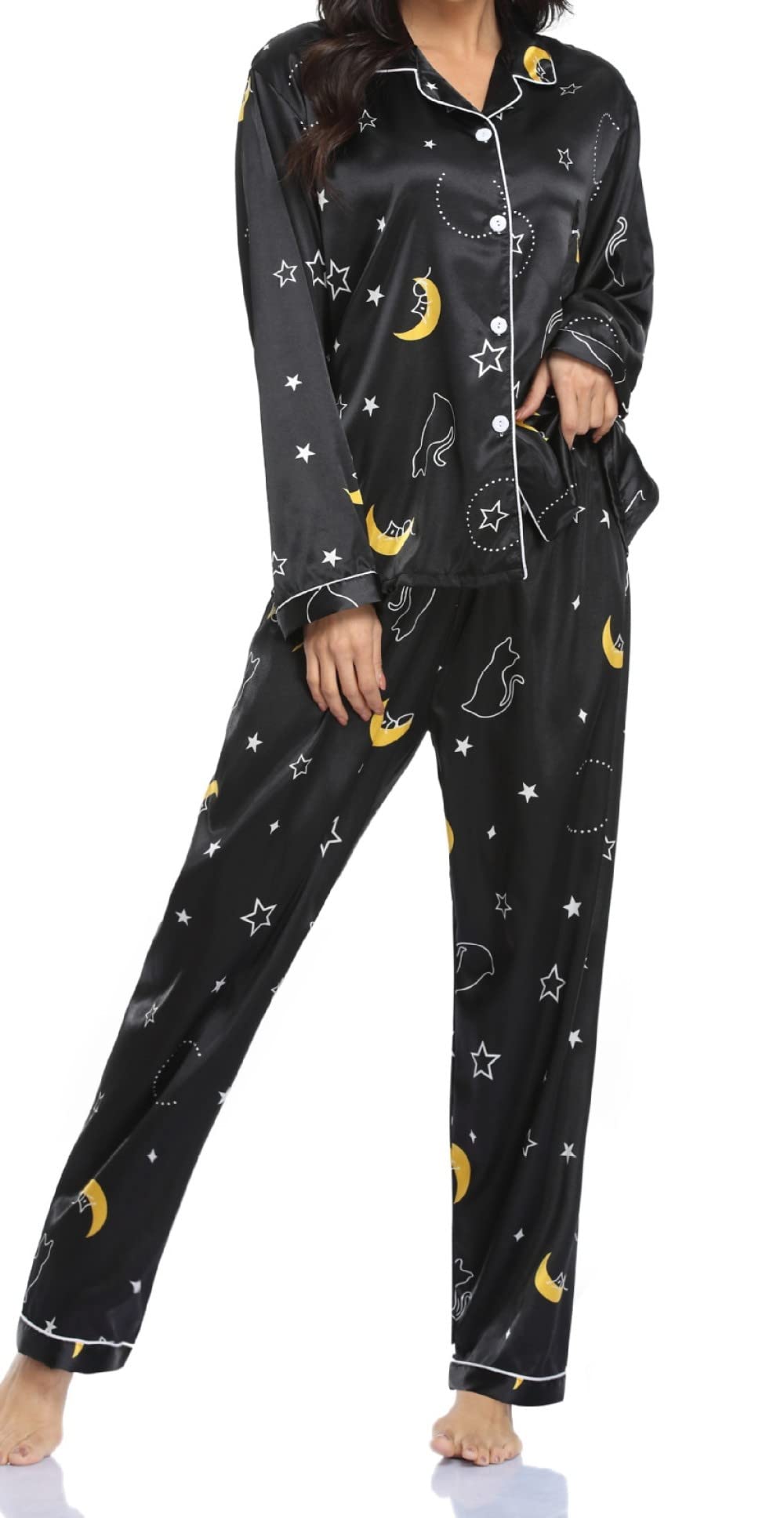 Pijamas Para Mujer Conjunto De Pijama De Poliéster Con Estampado De Solapa Negra Para Mujer Pijama De Manga Larga Cómodo Y Regular Para Mujer Conjunto De Dos Piezas Regalo De Festival Adecuado Par