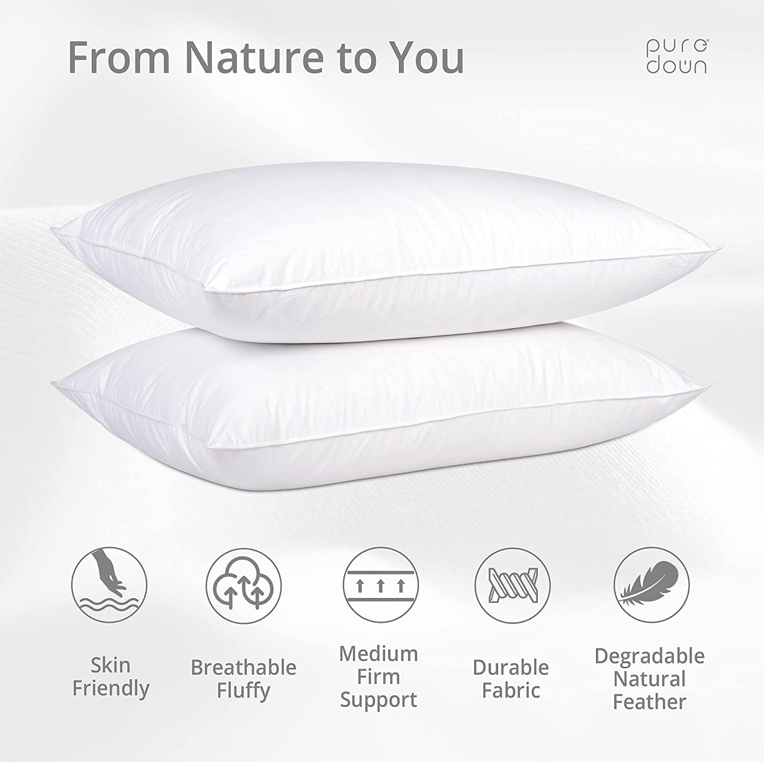 puredown® Poduszki z puchu gęsiego i pióra, 2 sztuki, można prać w pralce, średnie mocne podparcie, 50 x 76 cm
