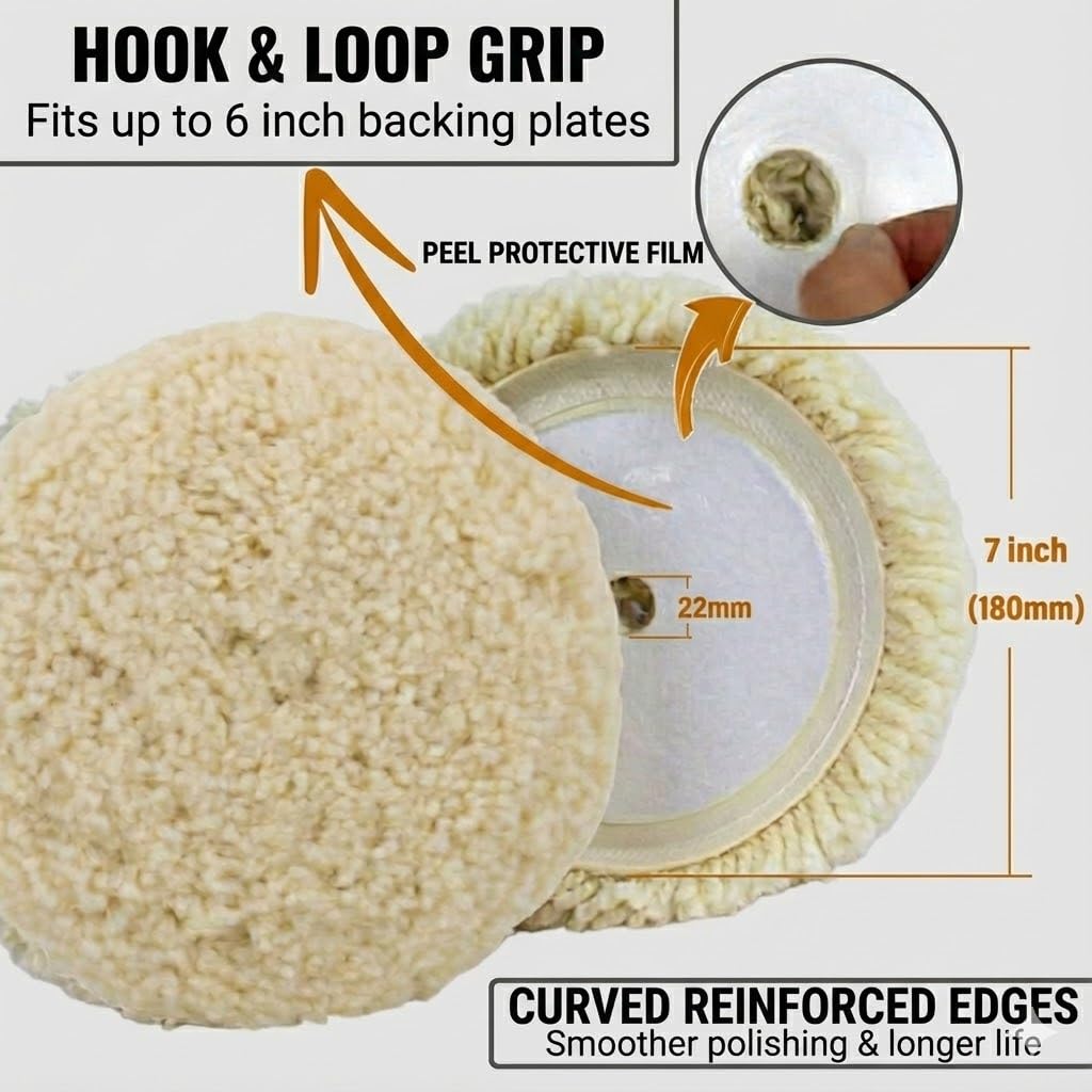 Woolous Wool Buffing Pads 7 Inch, 3 Pack - 100% Natural Wool Pads for Buffing, Polishing & Compounding Cars, Boats, Trucks, RVs, Motorcycles & Metal Surfaces - Hook & Loop for Quick Attachment