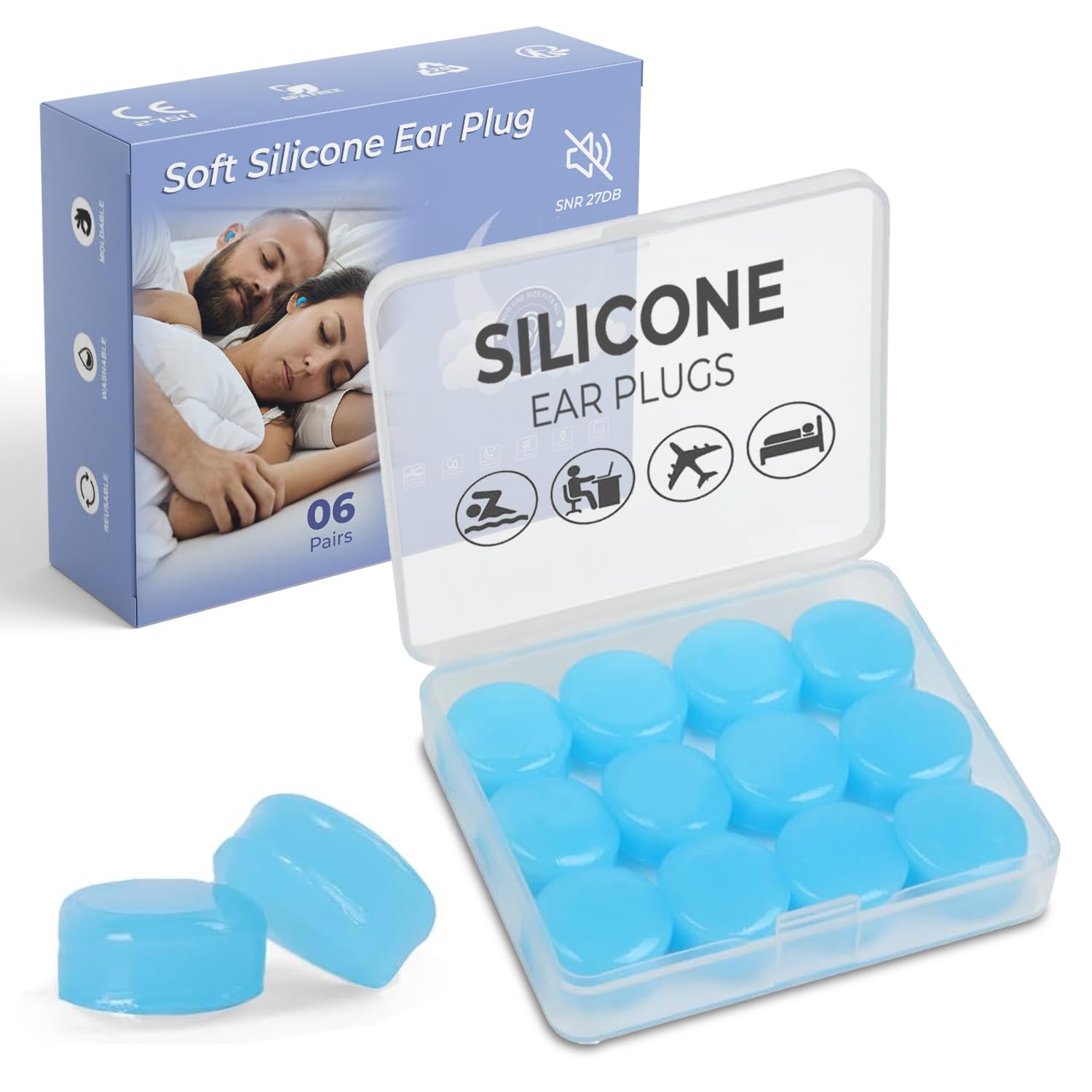 Silicone Ear Plugs for Sleep, 6 Pairs Reusable Noise Cancelling Waterproof Soft Earplugs f...