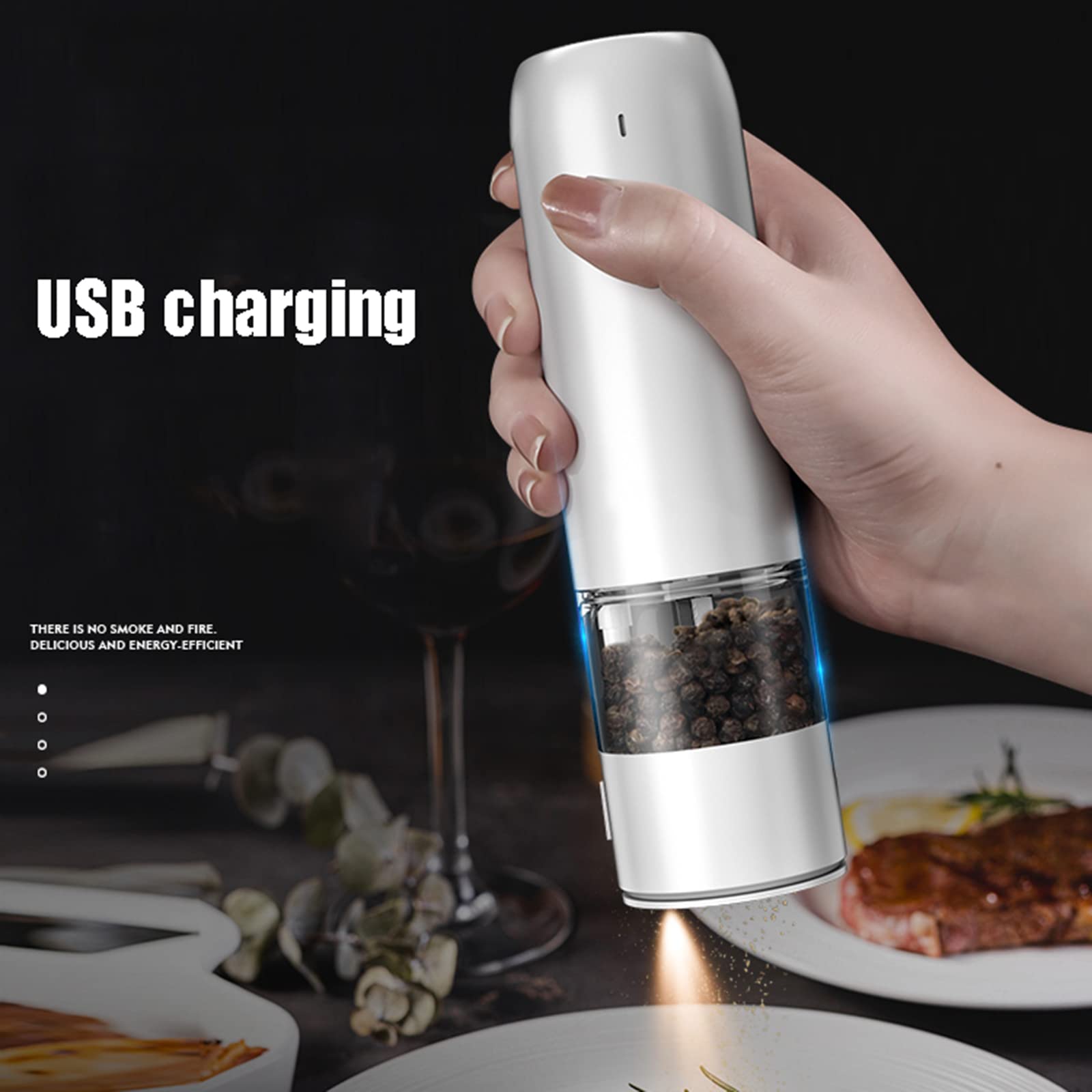 Elektryczne młynki do soli i pieprzu Zestaw szlifierek do soli i pieprzu USB Elektroniczne młynki Regulowany mechanizm ceramiczny ze światłem, czarny (biały) ()