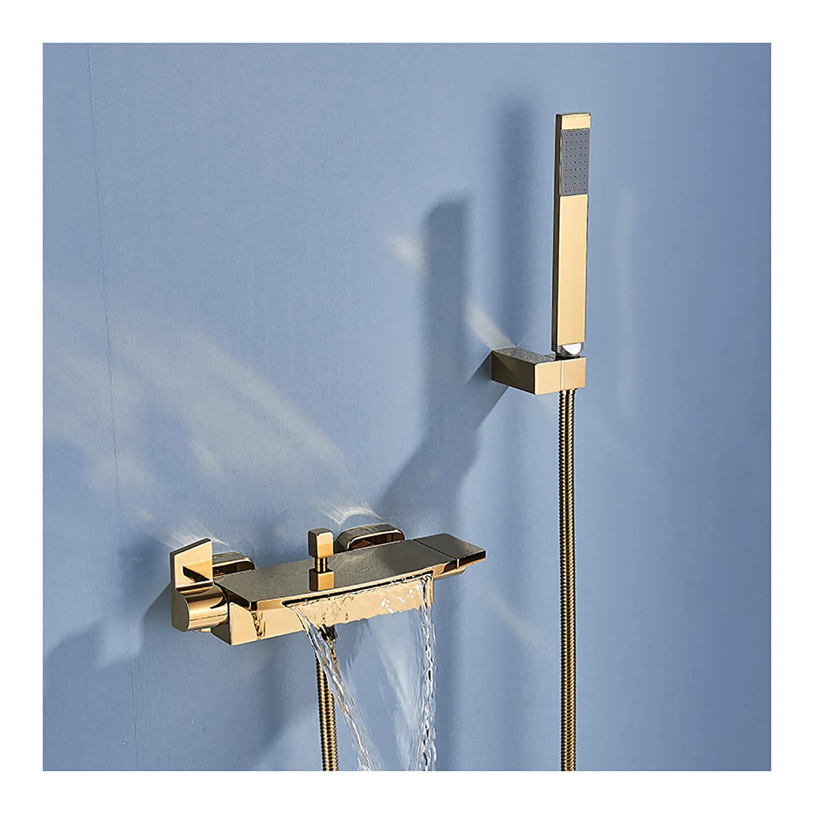GLJTUO Tub Faucet Waterfall Bathtub Faucet Wall Mounted Tub Filler Faucet Brass Tub Tap Dual Handle Filler Mixer Tap with Handheld Shower, Waterfall Spout,White,Gold