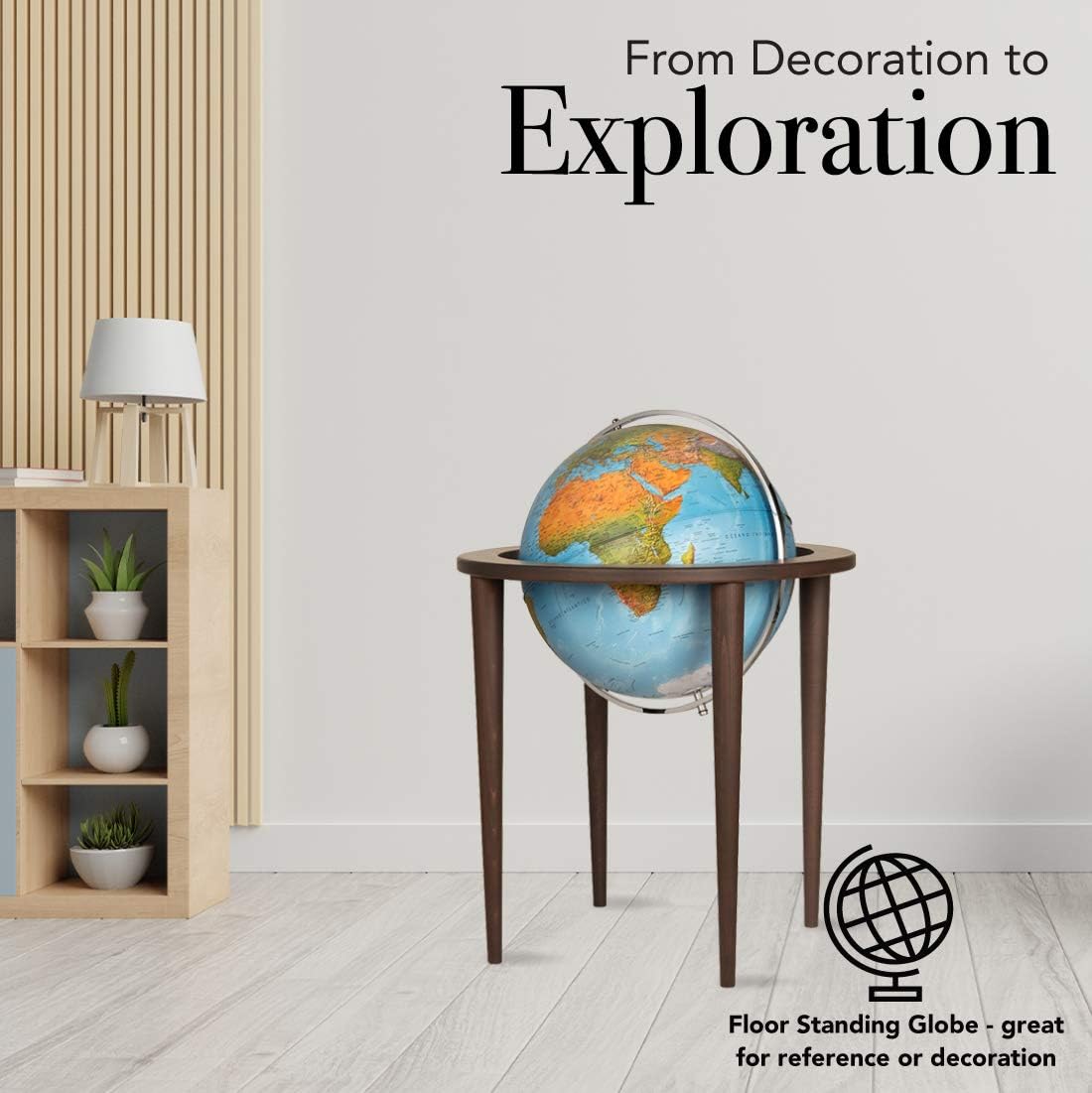 Waypoint Geographic Normandy Globe, 16” Decorative Standing Floor World Globe, 4-Leg Stand, Multi-Directional Mounting, For Home, Library, or Office Decor, Blue