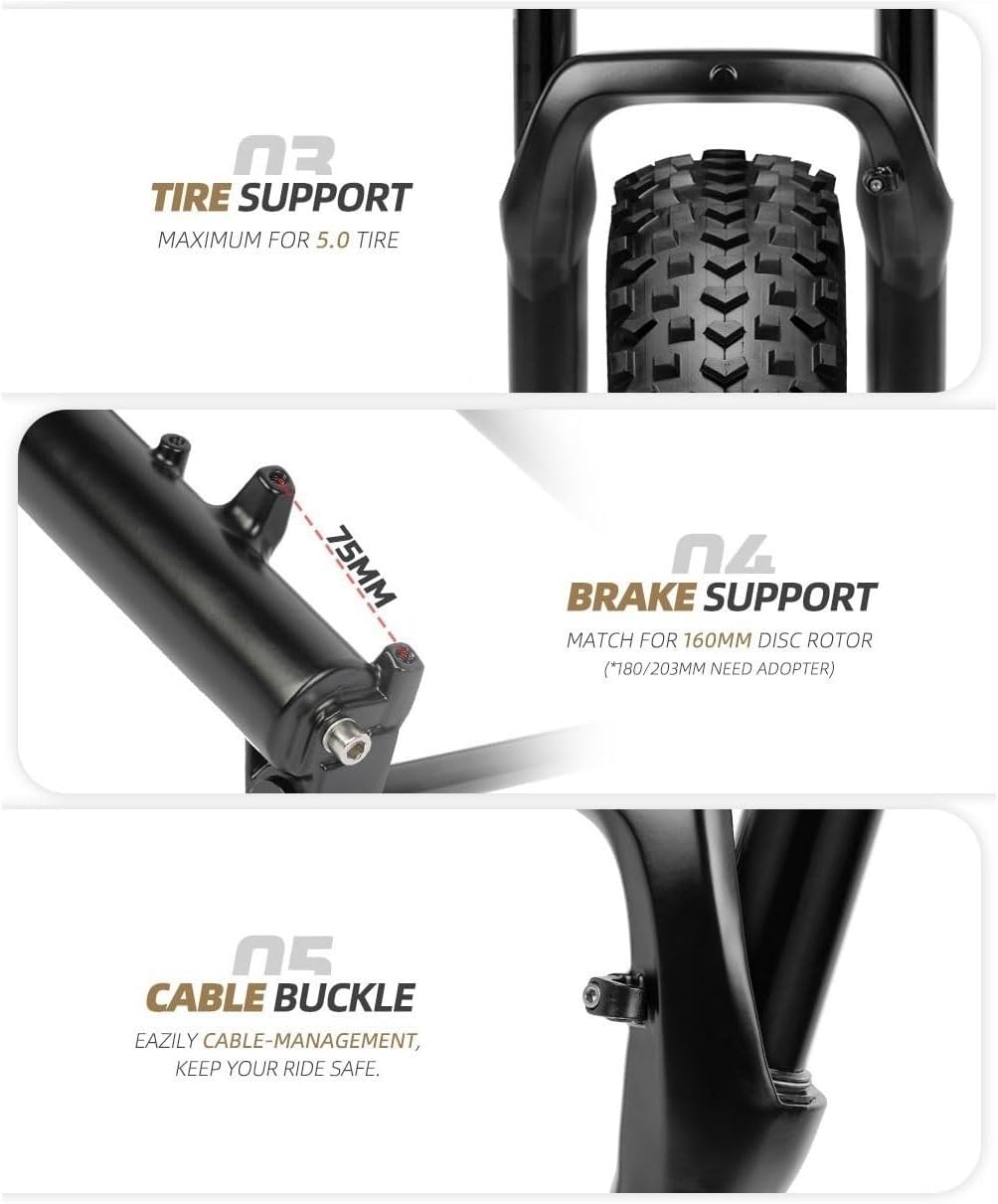 MTB Air Suspension Fork 26x5.0'' Fat Bike Fork Travel 190mm 1-1/8 Straight Front Fork Thru Axle 15x150mm Rebound Adjustable Double Shoulder Manual Lockout，for Mountain Bike Ebike(Black)