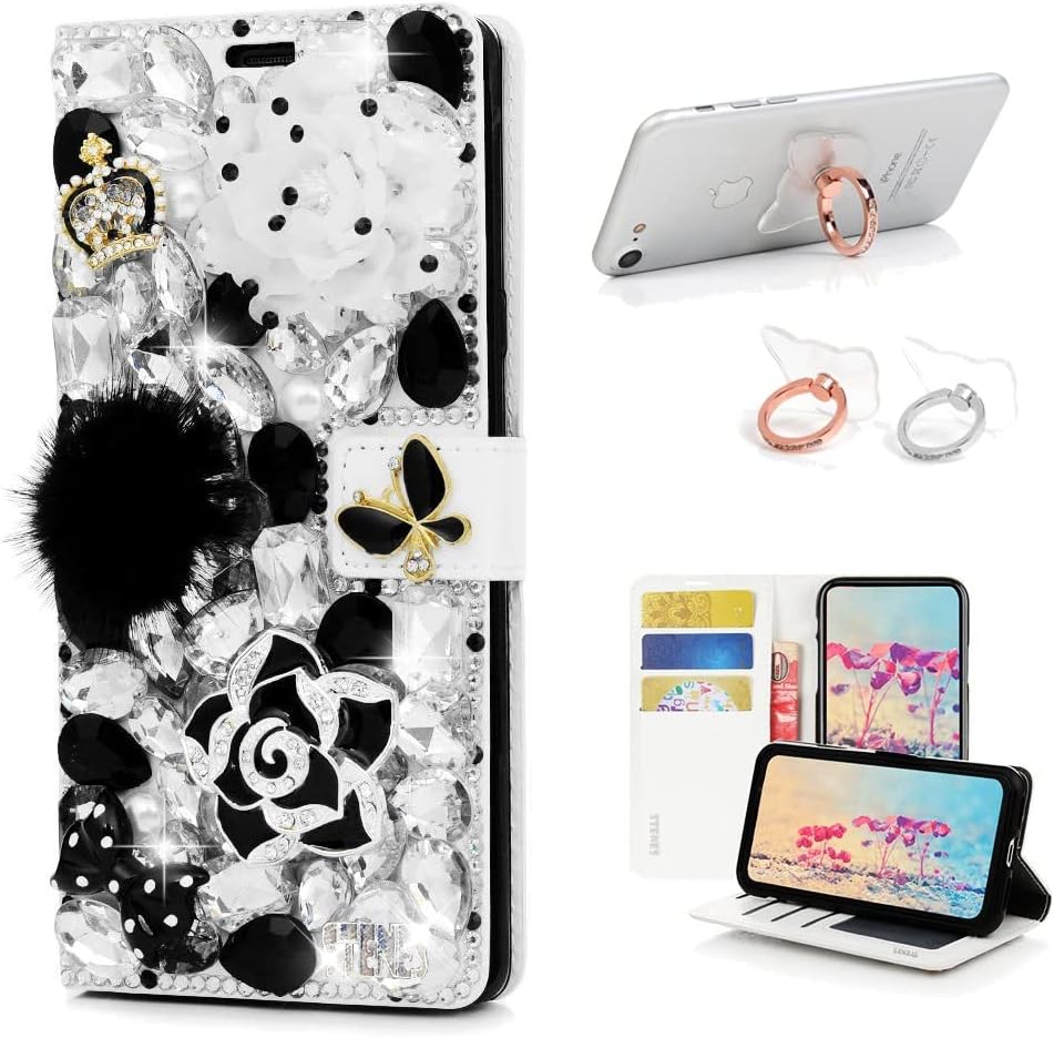 STENES Bling Wallet Phone Case Compatible with LG Stylo 5 / Stylo 5V / Stylo 5 Plus - Stylish - 3D Handmade Camellia Flowers Crown Bowknot Leather Cover with Ring Stand Holder [2 Pack] - Black&White