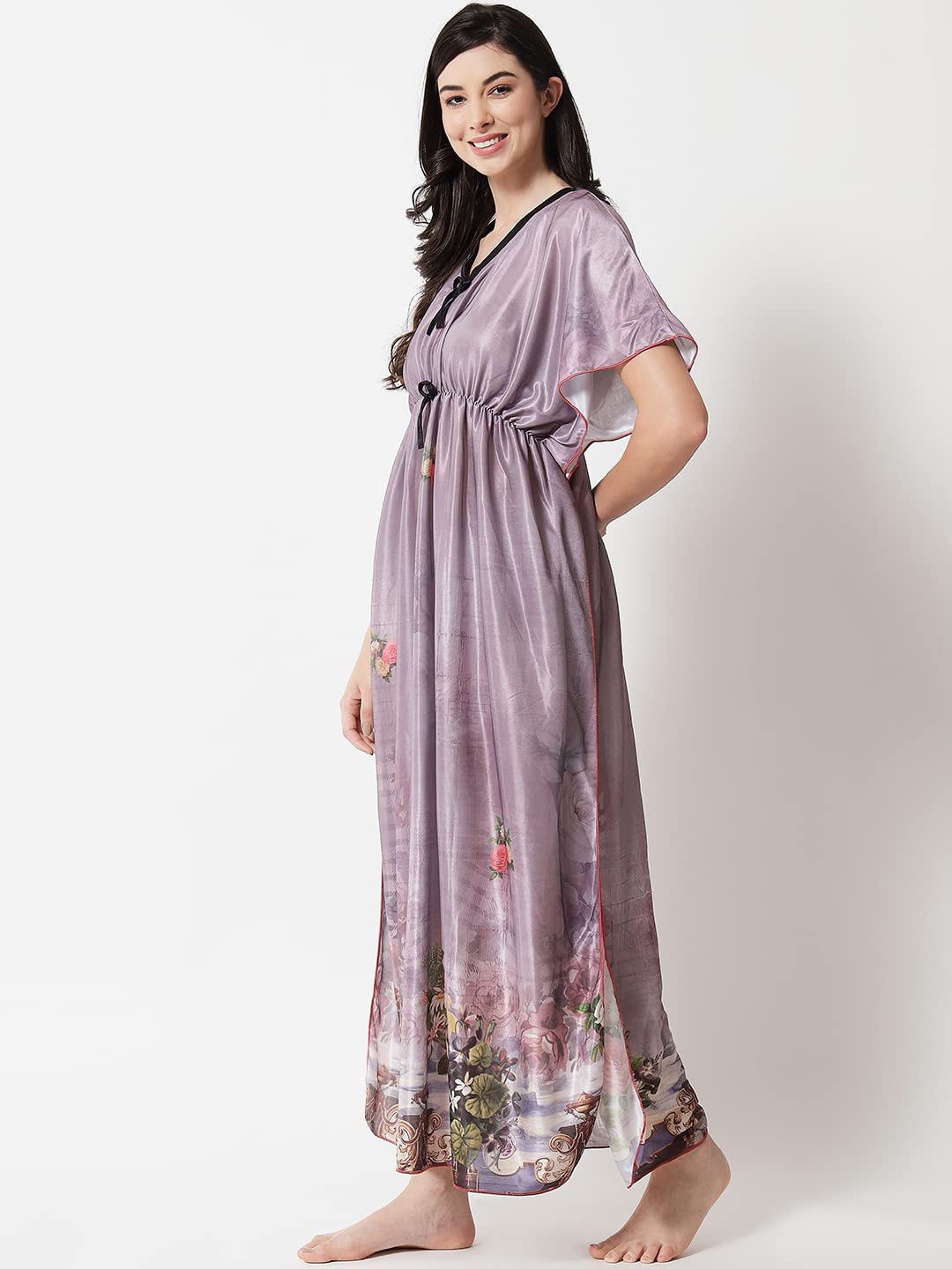 G4Girl Women's Satin Silk Geometric Print Maxi Kaftan Nighty Gown (Free Size, Grey) - Image 4 thumbnail