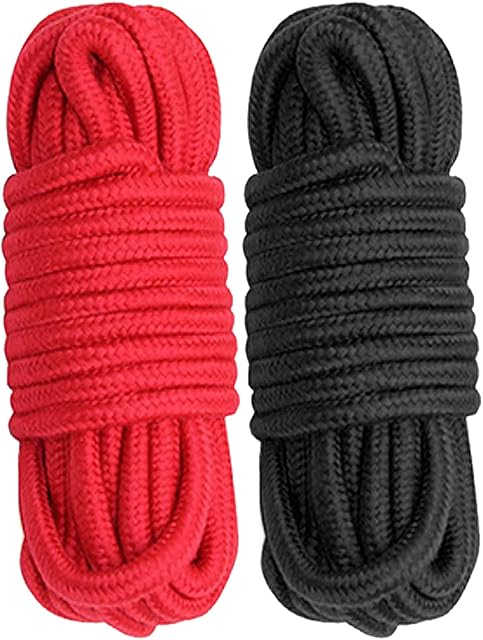 Cosymate Soft Cotton Rope Binding Rope All Purpose Thick Cotton Twisted Knot Tying Rope, 8mm Diameter, 5m Long, Pack of 2, Black and Red