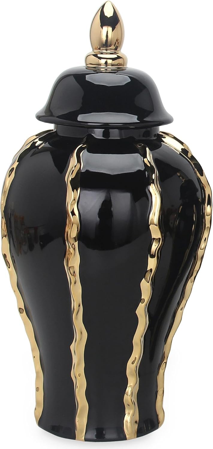 Vase Tabletop Elegant Black Ceramic Ginger Jar Vase with Gold Accents, Removable Lid