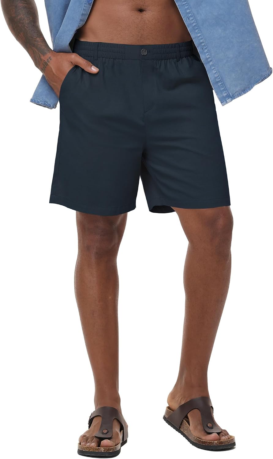 ZKMAN Mens Linen Shorts Casual 7 Inch Summer Beach Shorts Breathable with Zipper Elastic Drawstring Waist