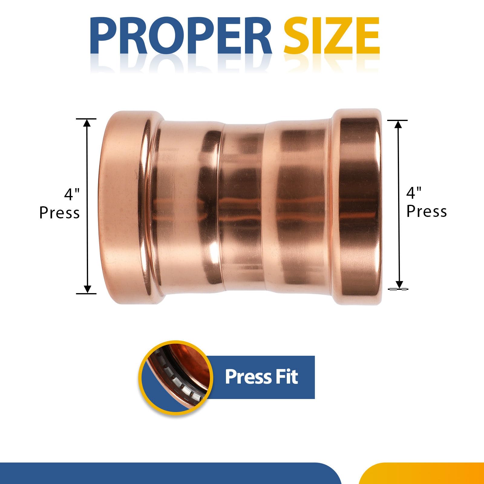 Paquete de 5 acoplamientos de presión de Cobre con Tope, Acoplamiento de Cobre de 4" para Conexiones de tuberías de plomería y HVAC.