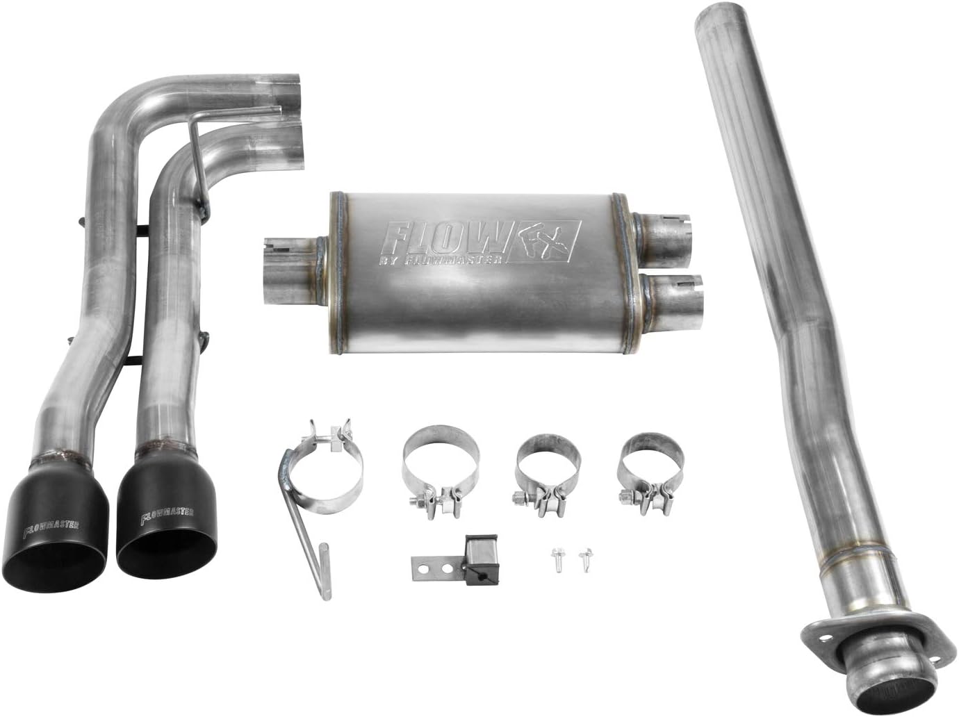 Flowmaster 717785 FlowFX Cat-Back Exhaust Kit Dual 2.5 Inch 409 Stainless Steel 4 Inch Black Ceramic Stainless Tips Compatible with 2015-2020 Ford F-150 2.7L 3.5L 5.0L Except Standard Cab Short Bed