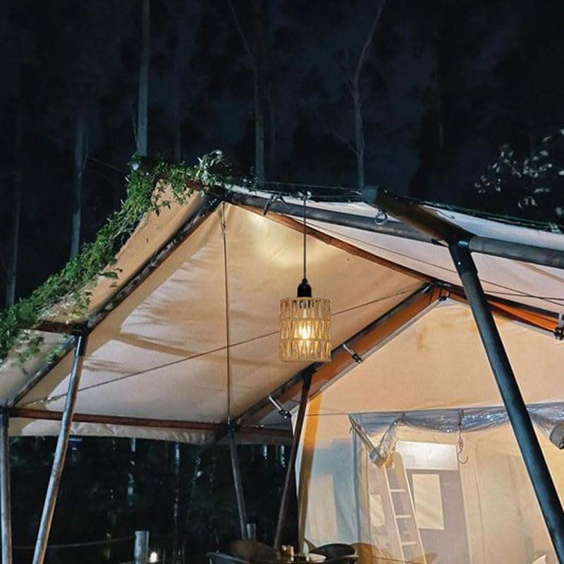 Miniatura 7 de Paquete de 3 lámparas colgantes para kiosco, funciona con pilas, lámpara colgante bohemia de bambú hecha a mano de ratán, luces decorativas LED