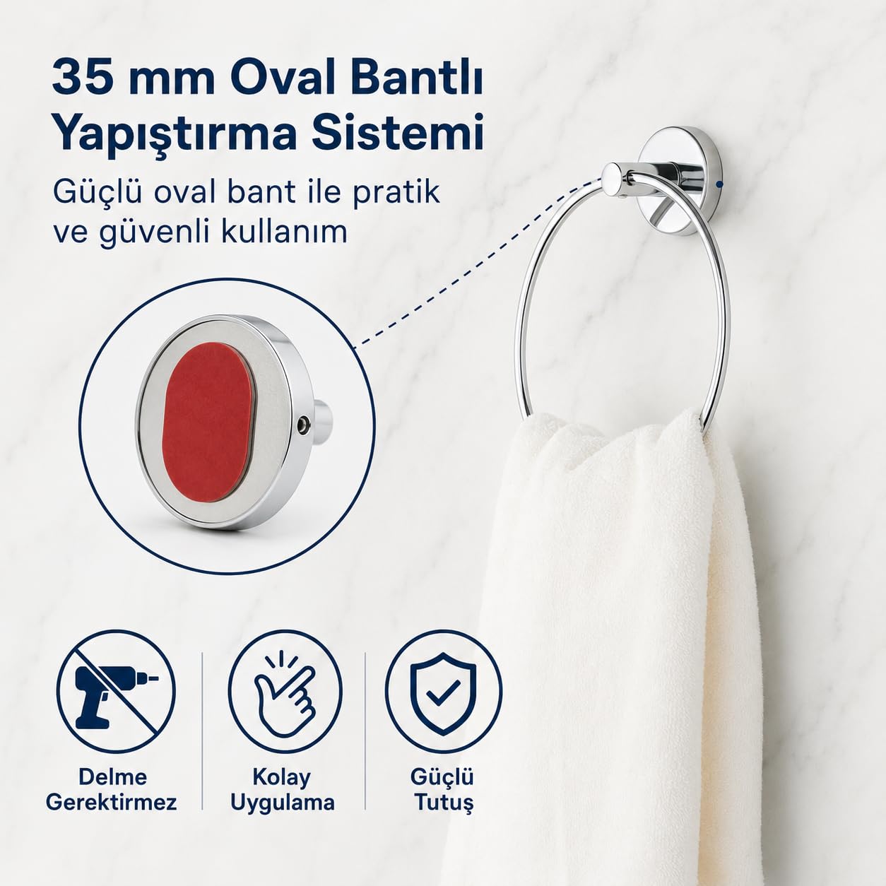 Alper Banyo İris Krom Kaplama Halka Havluluk, Yapışkanlı ve Vidalı Montajlı Banyo Havlu Askısı, 35 mm Oval Bantlı, Parlak Yüzey