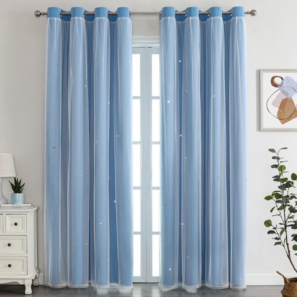 Nyescasa Verdunklungs Vorhänge Kinderzimmer Vorhang Doppellagige Gardienen mit Höhlen Sterne mit Voile Ösenschal für Wohnzimmer Schlafzimmer Mädchen Dekoschal 2er Set 130x100cm(H×B) Blau