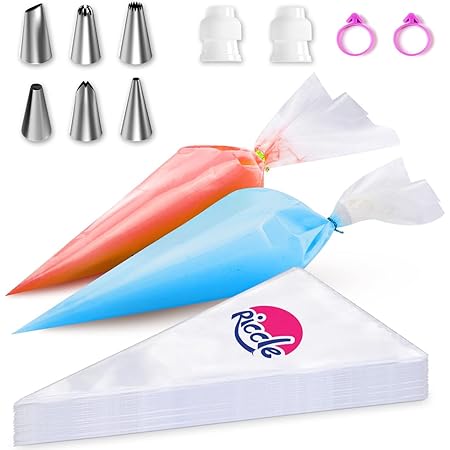 Riccle Piping Bags and Tips set - 12 Inch 100 Thickened Icing Bags and Tips Set - Pastry Bags for Frosting with 6 Piping Tips, 2 Couplers, 2 Icing Bags Ties - Frosting Piping Kit for Cake Decorating