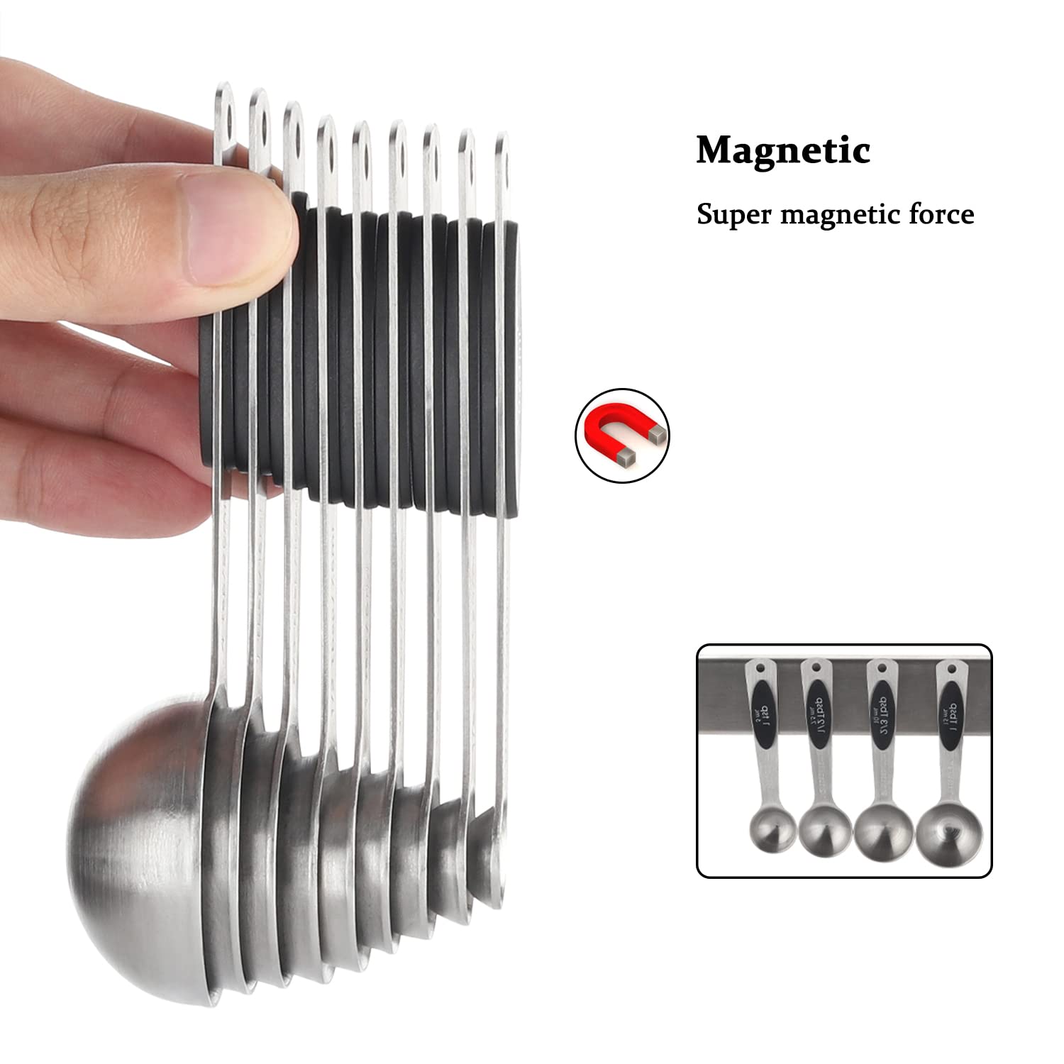Juego de 9 cucharas medidoras magnéticas apilables de acero inoxidable para medir ingredientes secos y líquidos