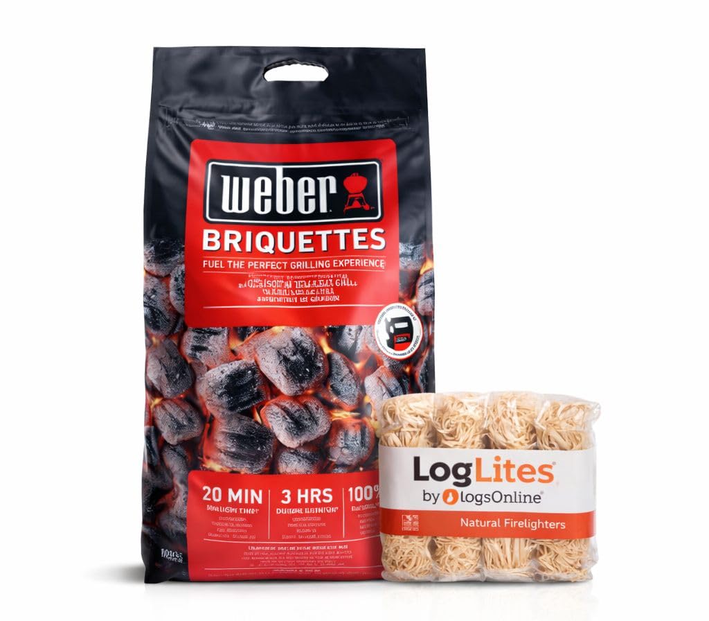 Logs Online Coal Bbq Char Bundle – Weber (6 Bags) 8Kg Briquettes + 50 Loglites Firelighters – Barbecue Grill Accessories For Char Grill Cooking & Fire Starters
