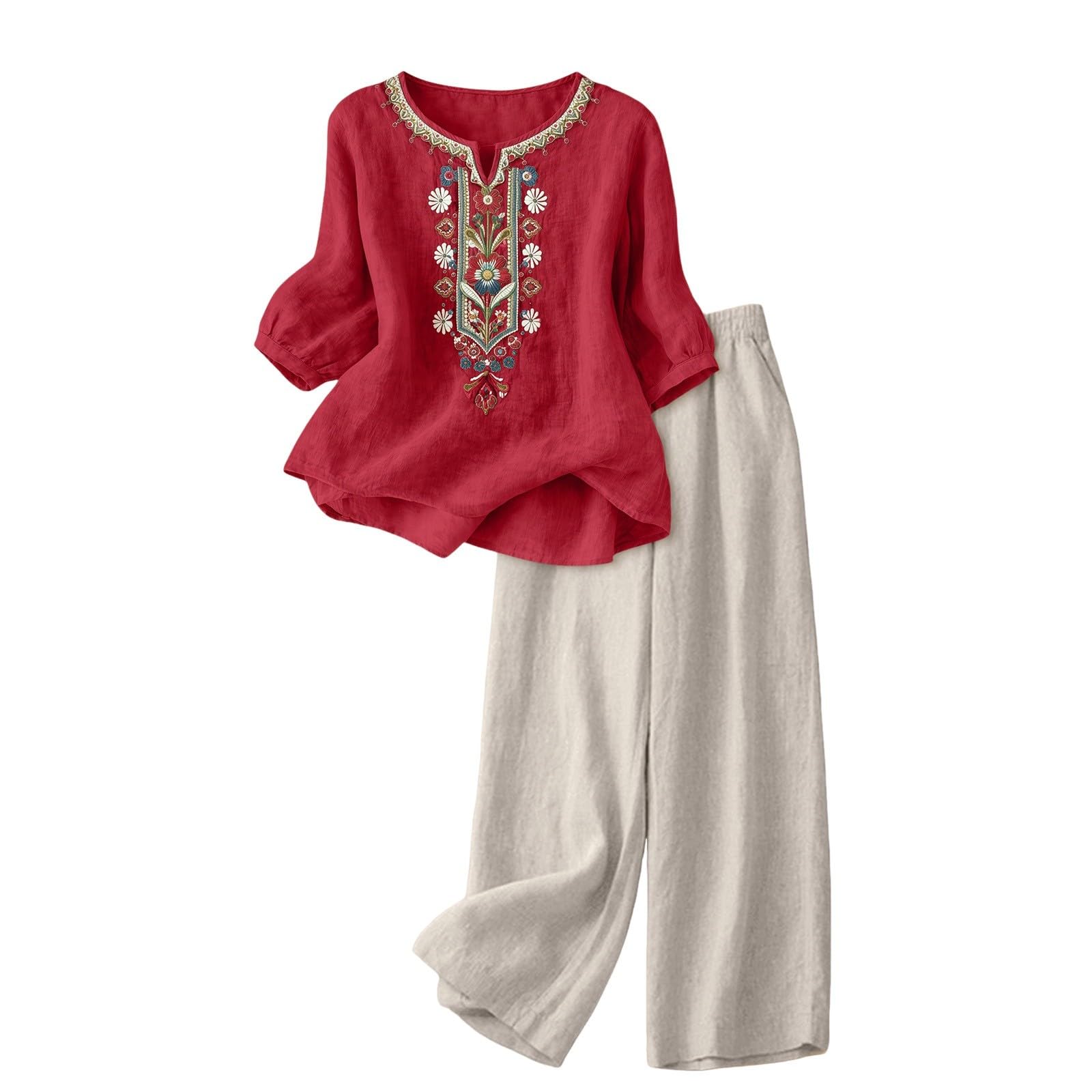 2 Piezas Conjunto Mujer Casual Elegante Verano Lino Y Algodón Conjunto Deportivo Blusa Y Pantalones Talla Grande Chandal Completo Holgado Loungewear Manga 3/4 Cintura Alta Trabajo Playa Vacaciones