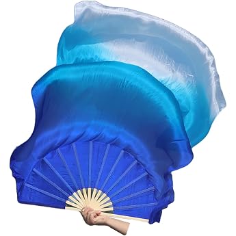 Winged Sirenny Pair of Hand-Painted Versatile Silk Fan Veils with Poi Cords Lightweight 150 cm Fan Pois for Belly Dance Tribal Dance Stage Shows & Spiritual Dance Blue/Turquoise/White
