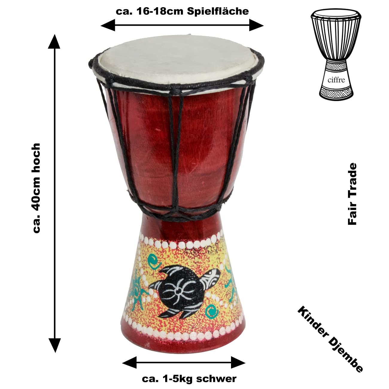 40cm Djembe Trommel Bongo Holztrommel Drum Darbuka Kinder Guter Klang Schildkröte Bunt