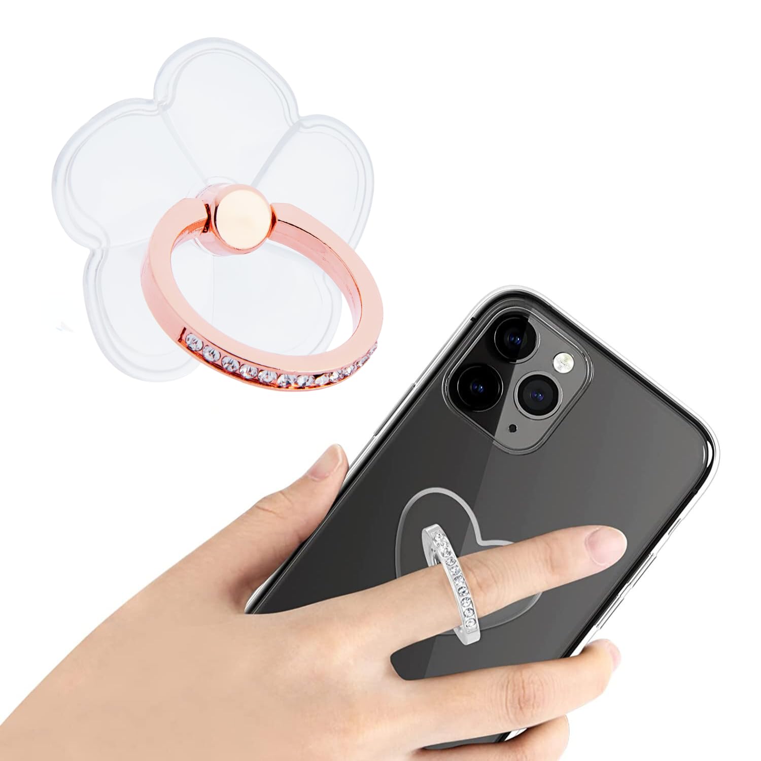 swap-n-snap mobile ring grip | flower-shaped transparent sticker | bling crystal design for stylish phone grip & stand