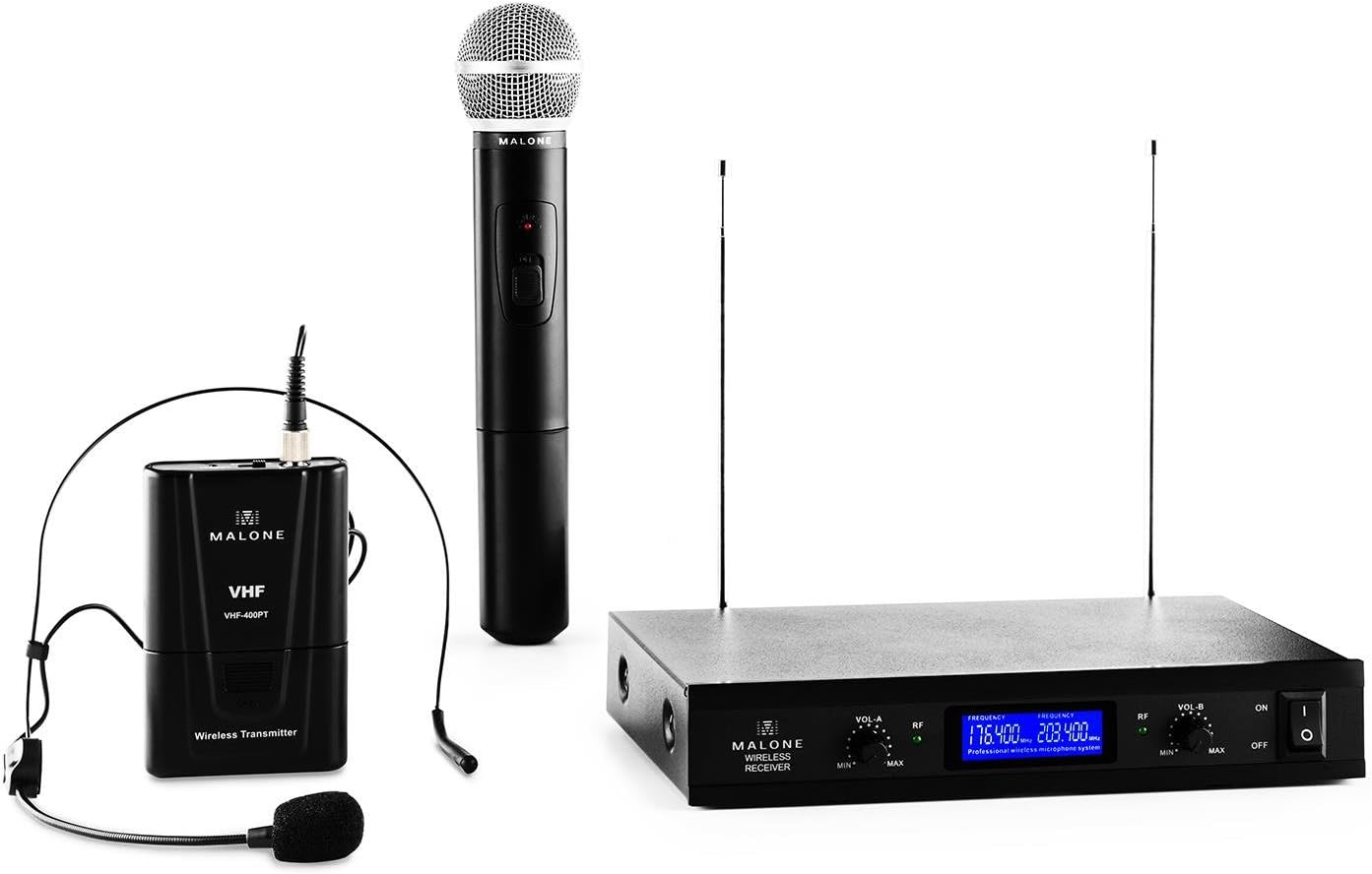 Malone VHF-400 Duo 3 - 2-Channel VHF Wireless Microphone Set , 1 x Wireless Hand-held Mic , 1 x Wireless Headset Mic , 50m Range , Long Battery Operating Times , 1 Receiver , Noise Reduction , Black
