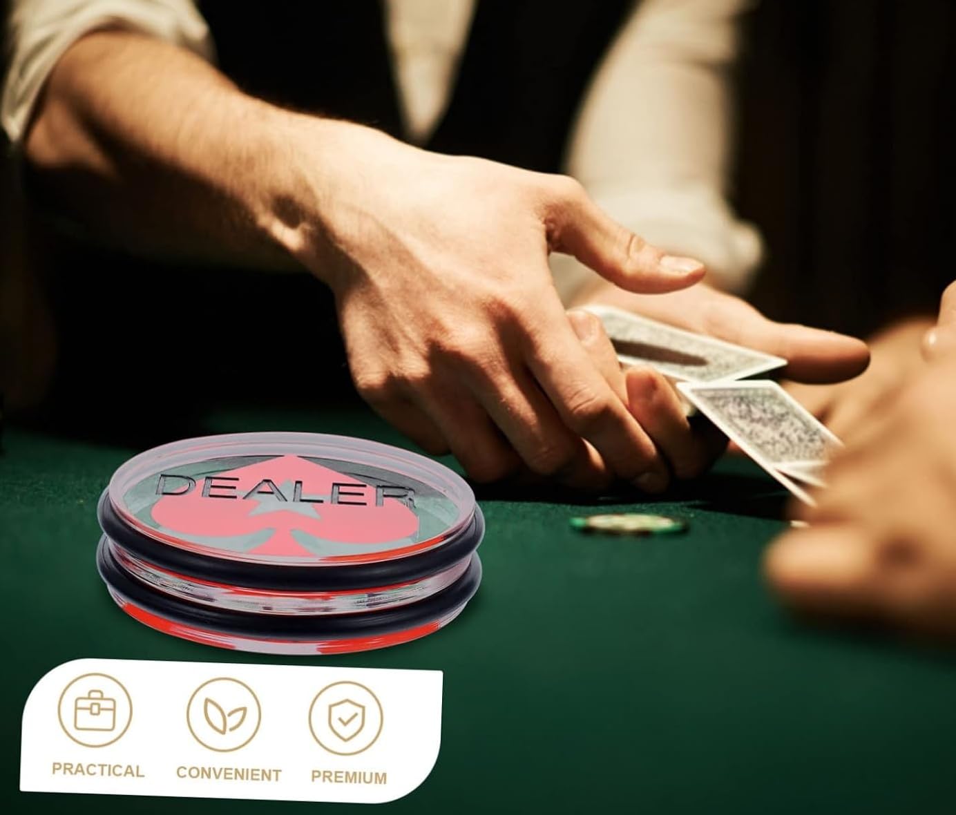 Przycisk pokera, Poker Dealer Button, czarno-czerwony, wykonany z wysokiej jakości szkła akrylowego z gumkami ochronnymi 7,5 cm x 1,8 cm, 80 gramów, czerwone piki gwiazdy