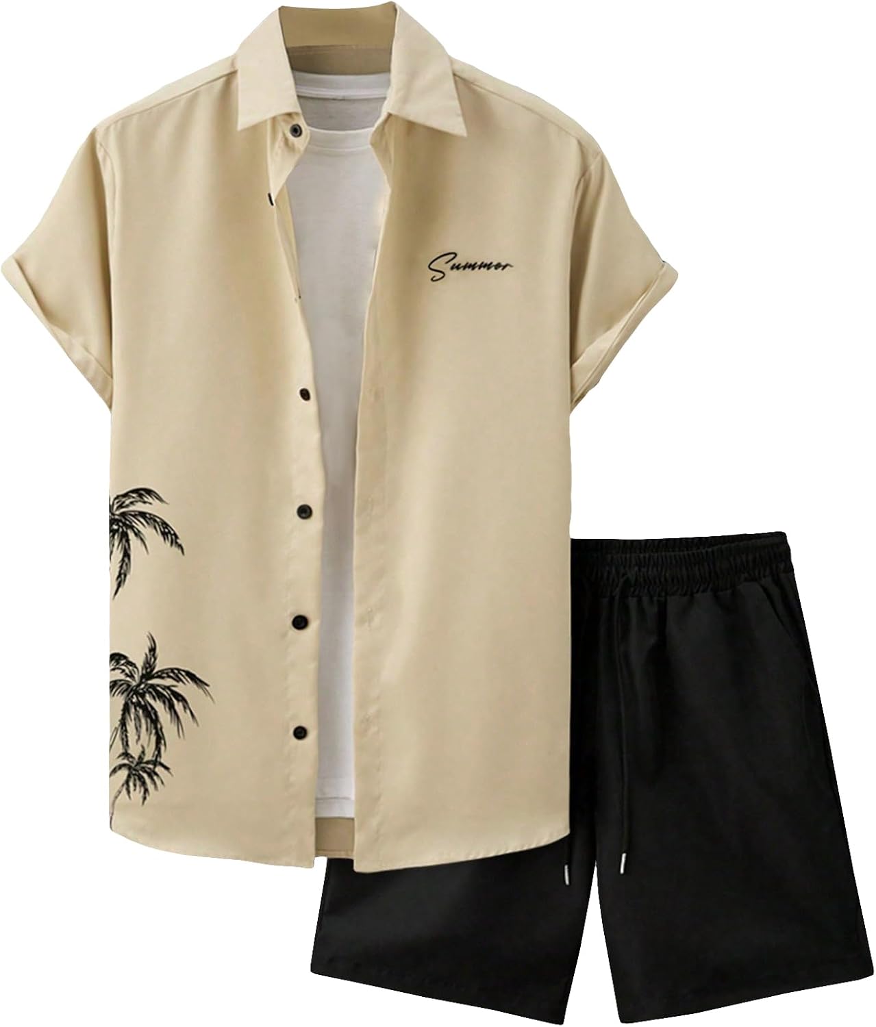 GORGLITTER Men's 2 Piece Outfits Tropical Letter Print Button Down Shirt Drawstring Waist Shorts Set