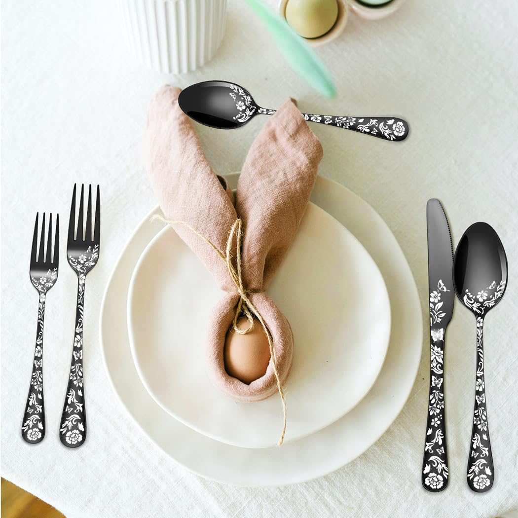XIAOYU Juego de cubiertos negros de 40 piezas, de acero inoxidable apto para uso alimentario, para 8 personas, con diseño de mariposas y flores, ideal para restaurantes y hogar