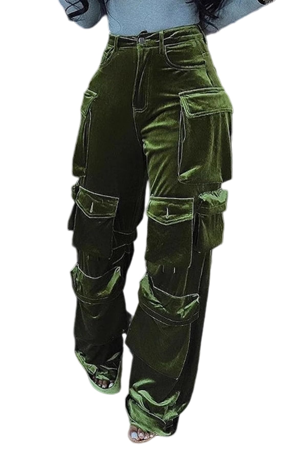 Photo 1 of Vakkest Women’s High Waist Velvet Cargo Pants Baggy Wide Leg Vintage Y2K Streetwear Casual Trousers with Multi Pockets