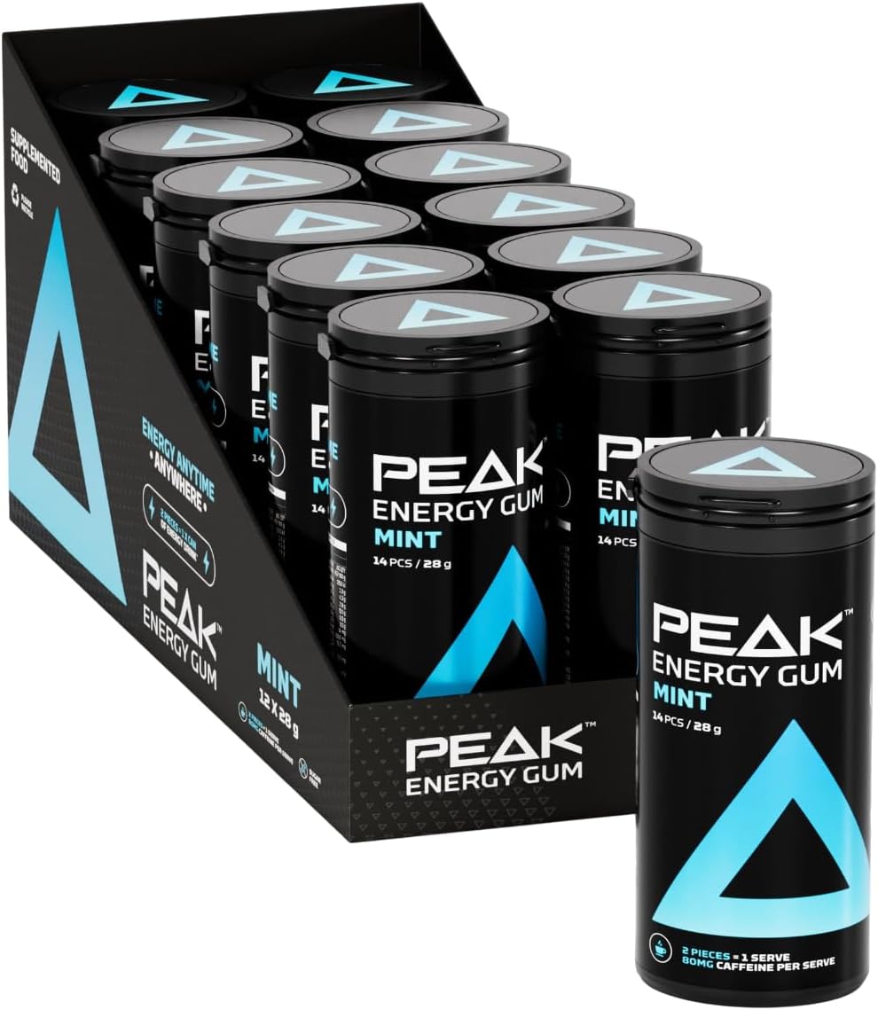 Peak Energy Gum (12 Pack, 28g) Mint Flavor – Caffeinated Chewing Gum for Energy Boost | Sugar-Free, with Incorporated Vitamin Benefits (B3, B5, B6, B12) for Focus & Performance