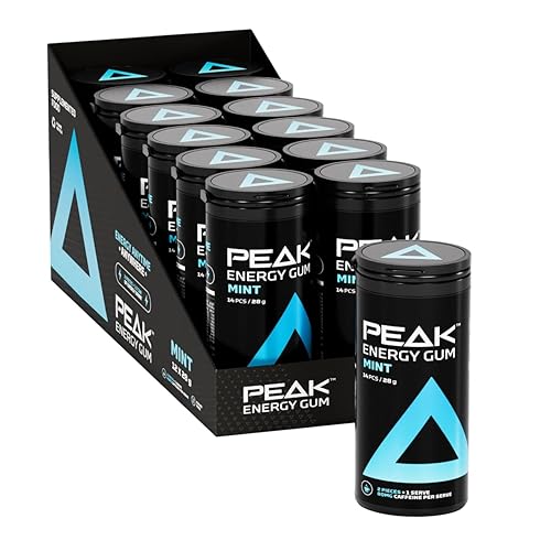 Peak Goma de mascar Energy Gum (paquete de 12, 0.81 oz) sabor a menta, goma de mascar con cafeína para aumentar la energía, sin azúcar, con