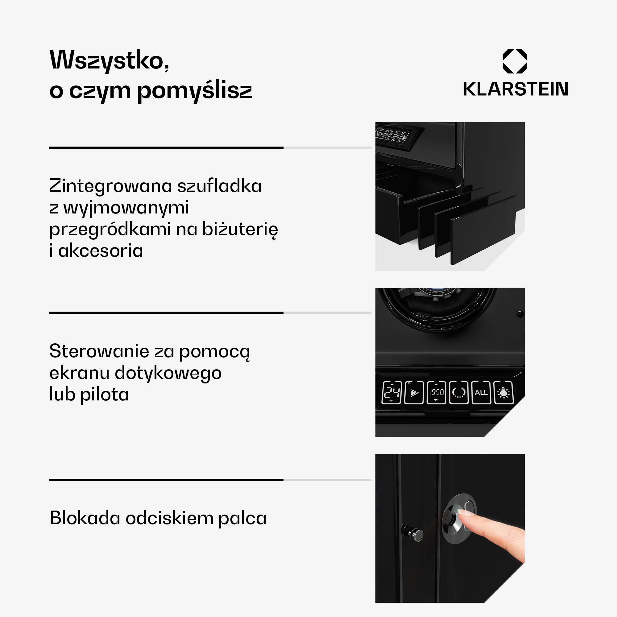 Klarstein SecureTouch Rotomat do zegarków na 10 zegarków – Automatyczny rotomat z blokadą na odcisk palca, Cichy japoński silnik, Wyświetlacz LCD i pilot, Oświetlenie LED, Szuflada na biżuterię