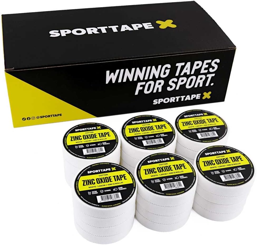 SPORTTAPE Box of 24 Rolls Zinc Oxide Finger Tape - White - 1.25cm x 10m | For Jiu Jitsu, Bouldering, Rock Climbing, BJJ, Crossfit, Rowing, Climbing & Golf (12 Packs of 2 Rolls)