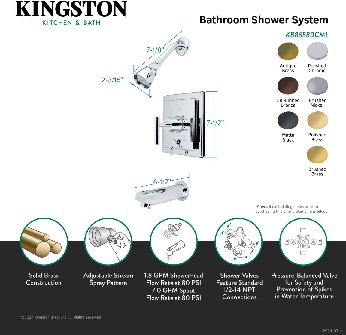 Kingston Brass KB86580CML Concord Tub and Shower Faucet, Brushed Nickel