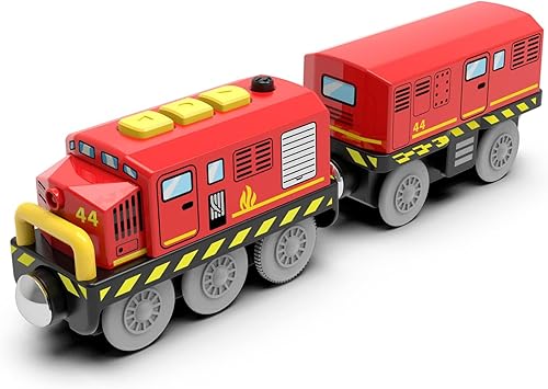 Miniatura 6 de Trenes a pilas para locomotora de madera con luz y sonido para niños de 3, 4, 5 años, compatible con Thomas, Brio, Chuggington, Melissa y Doug (rojo)