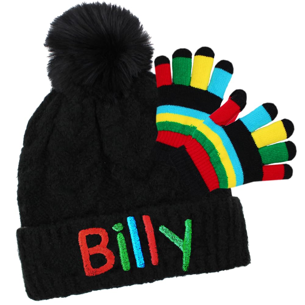 TeddyT's Kid's Black Fluffy Cable Pom Pom Bobble Hat Multi-Colour & Rainbow Gloves (2-6 Years)