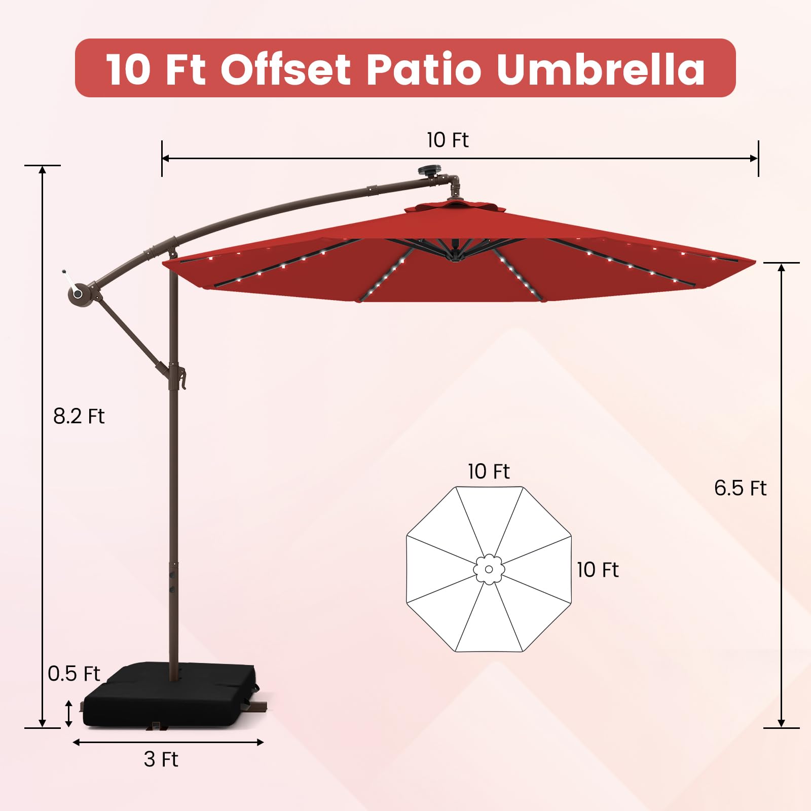 Diagram illustrating the dimensions of the 10FT Offset Patio Umbrella, including canopy diameter and pole height.