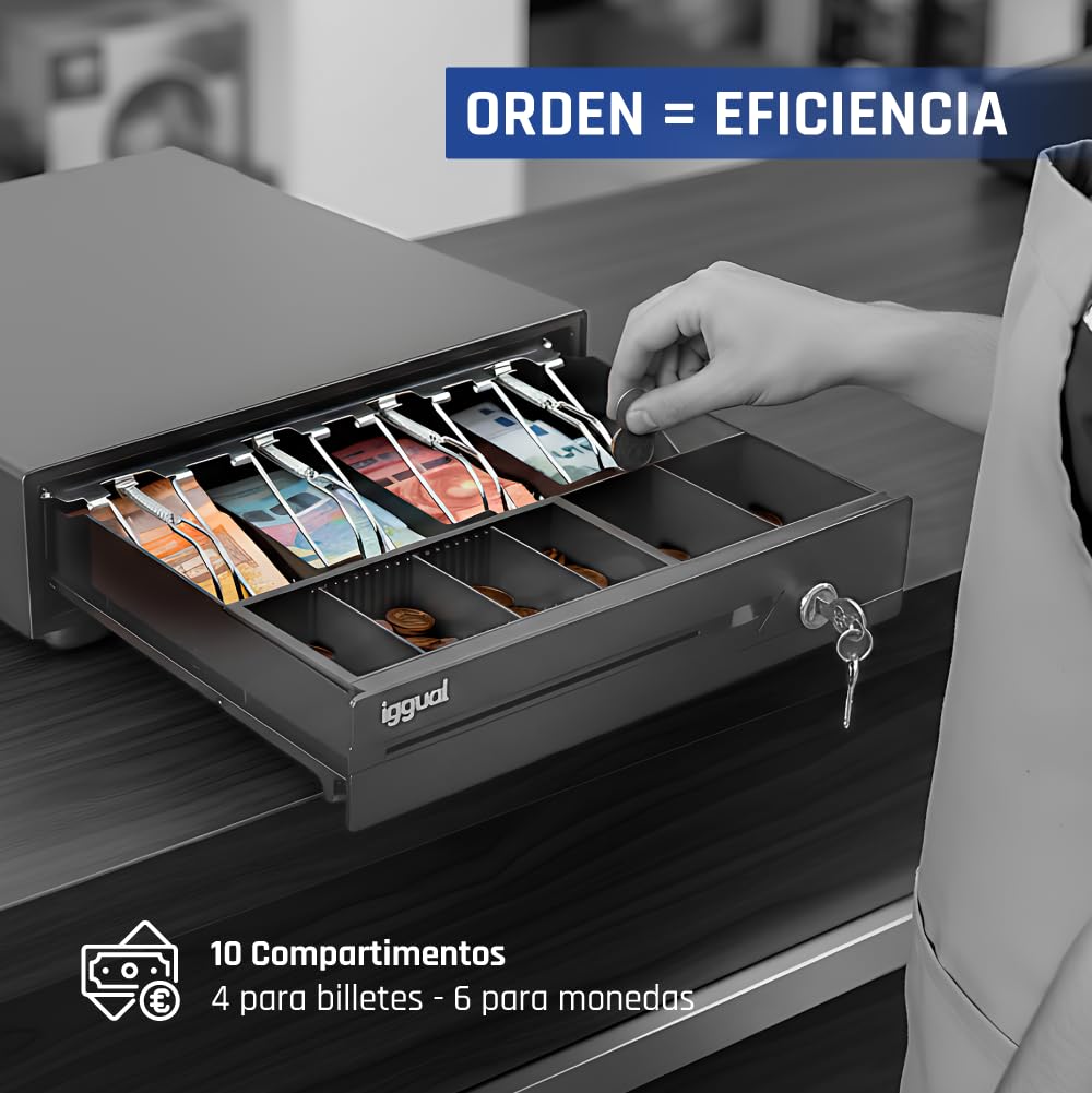 iggual – Cajón Portamonedas IRON-10 -Caja Efectivo Registradora Manual o Automática 4 Billetes y 6 Monedas -Cerradura 3 Posiciones - Material Acero+Plástico -Uso profesional- Negro (38x33,5x 8)