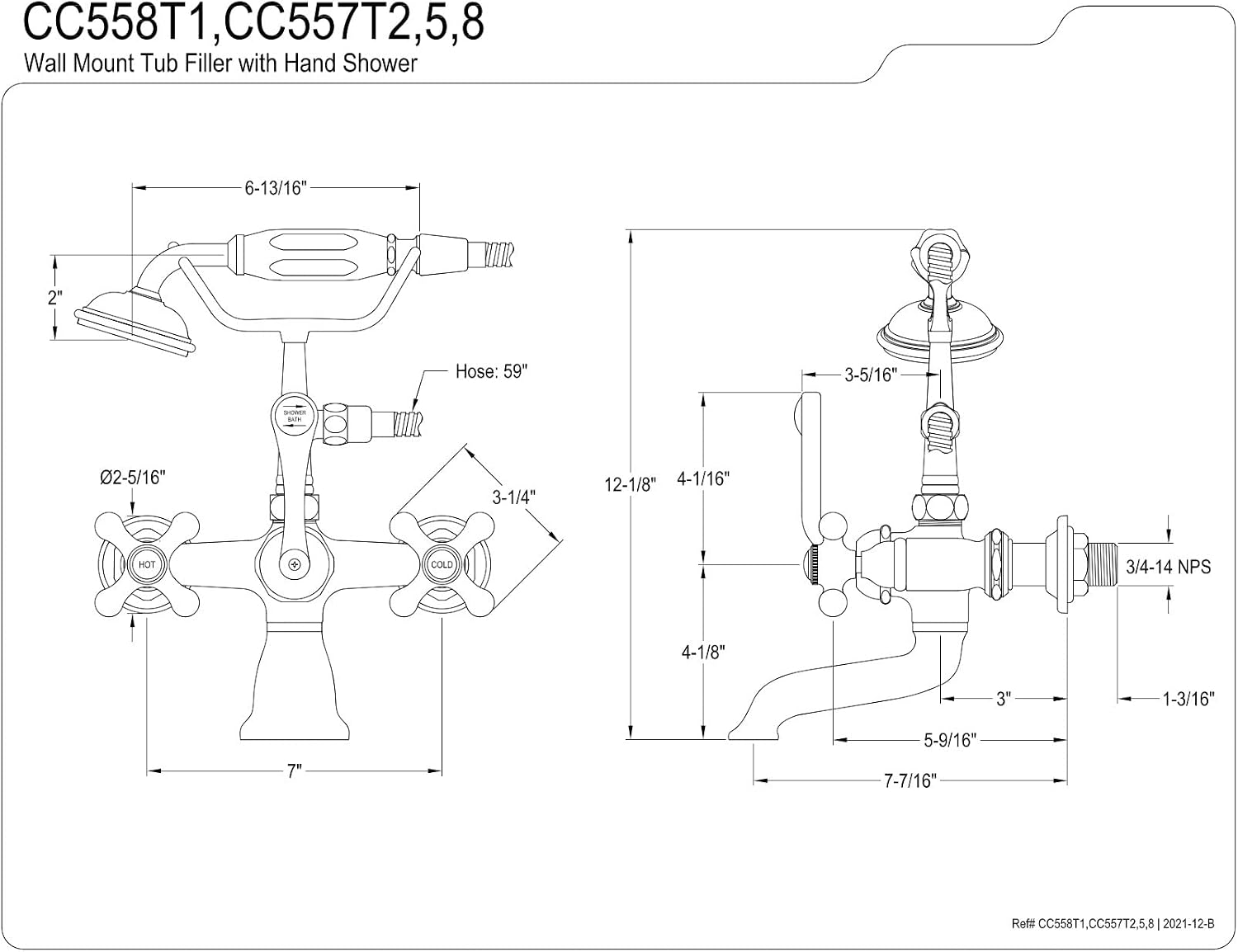 Kingston Brass CC557T8 Vintage 7-Inch Wall Mount Tub Faucet with Hand Shower, Brushed Nickel