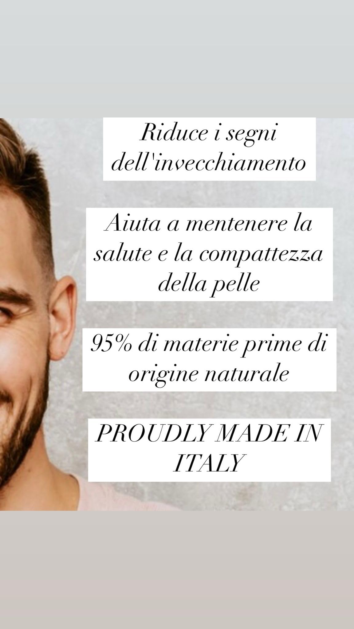 Crema Facial Antiaging Hombre Made in Italy, Ácido Hialurónico, Colágeno, Baba de Caracol reduce los signos del envejecimiento, dejando la piel fresca e hidratada. Sin siliconas, sin parabenos