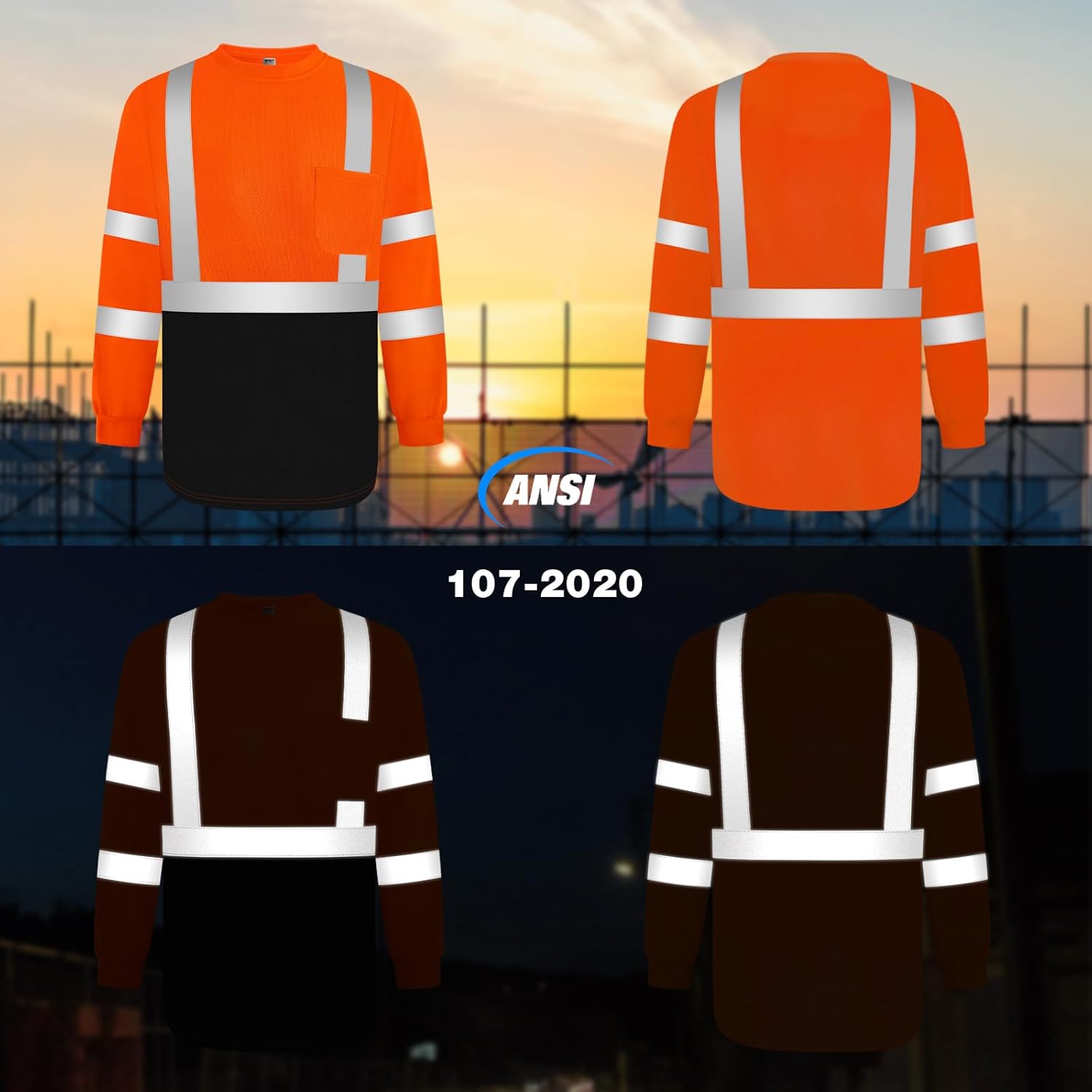 TCCFCCT High Visibility Class 3 Long Sleeve Shirt for Men Women Construction - Reflective Safety Work Wear With Black Bottom, Dirt-Resistant, Durable, Meets ANSI, Orange L - Image 2