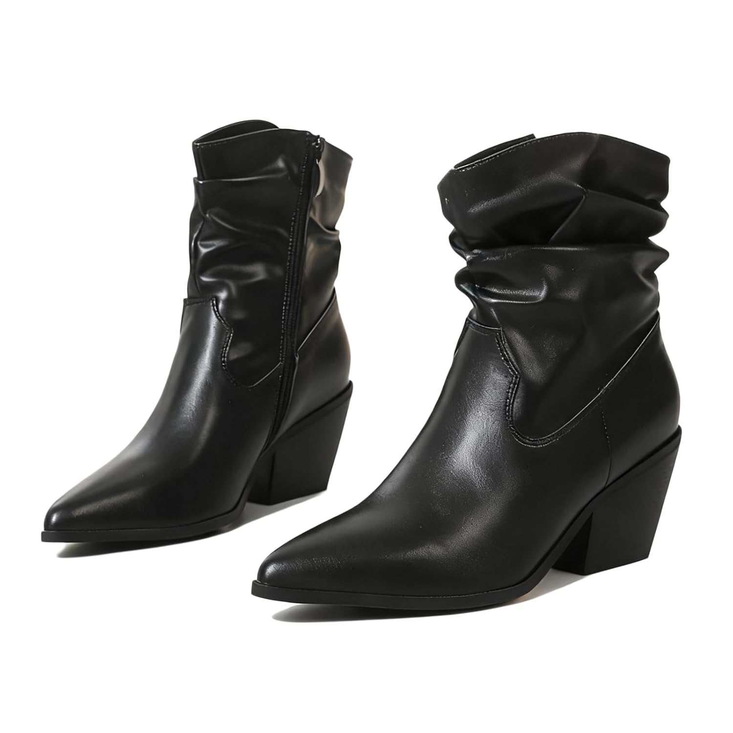 Womens wrinkles PU stacked block heel Chelsea Ankle Boots Pointed-toed Side Zipper Comfortable Chunky Heel Slouchy Dress Fall
