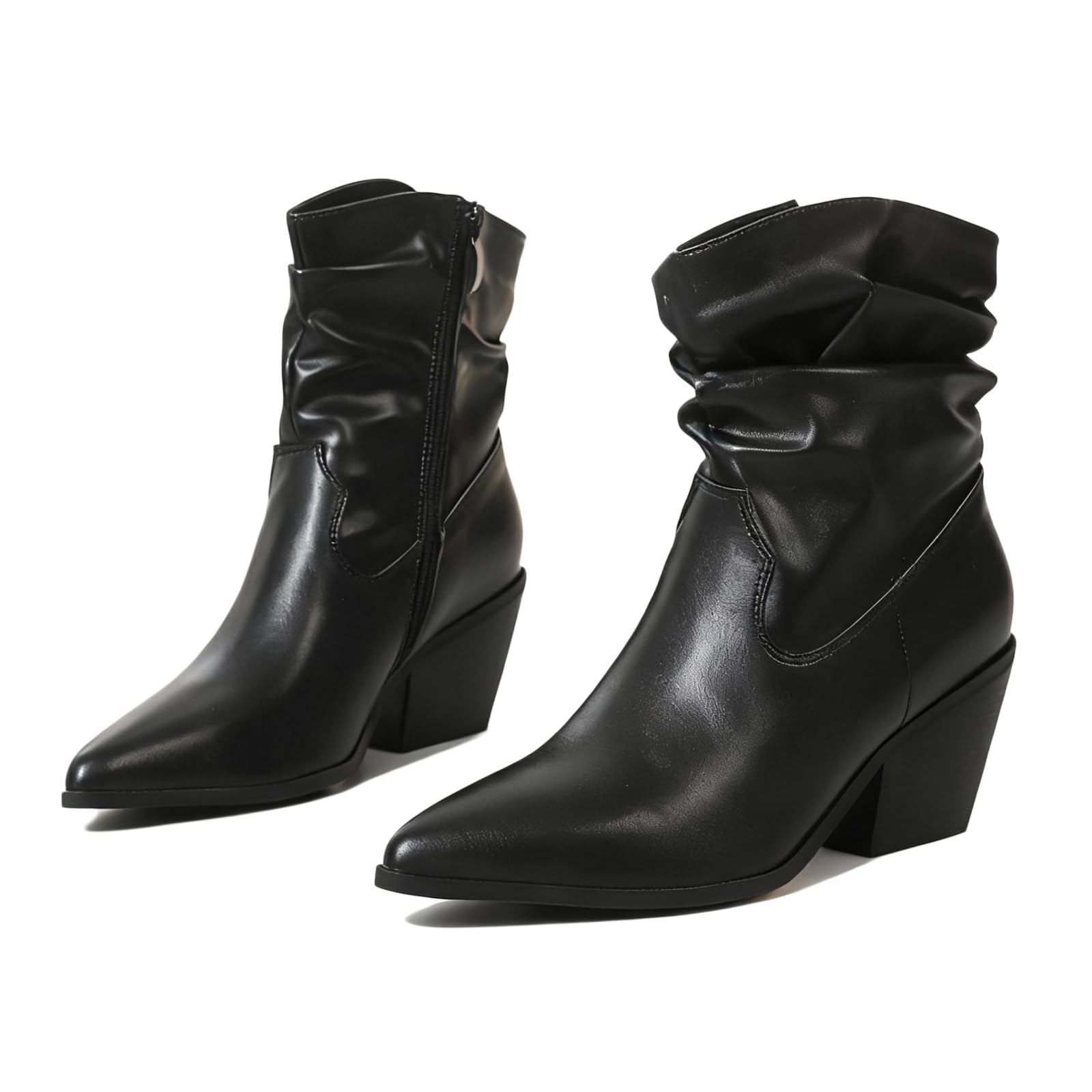 Womens wrinkles PU stacked block heel Chelsea Ankle Boots Pointed-toed Side Zipper Comfortable Chunky Heel Slouchy Dress Fall