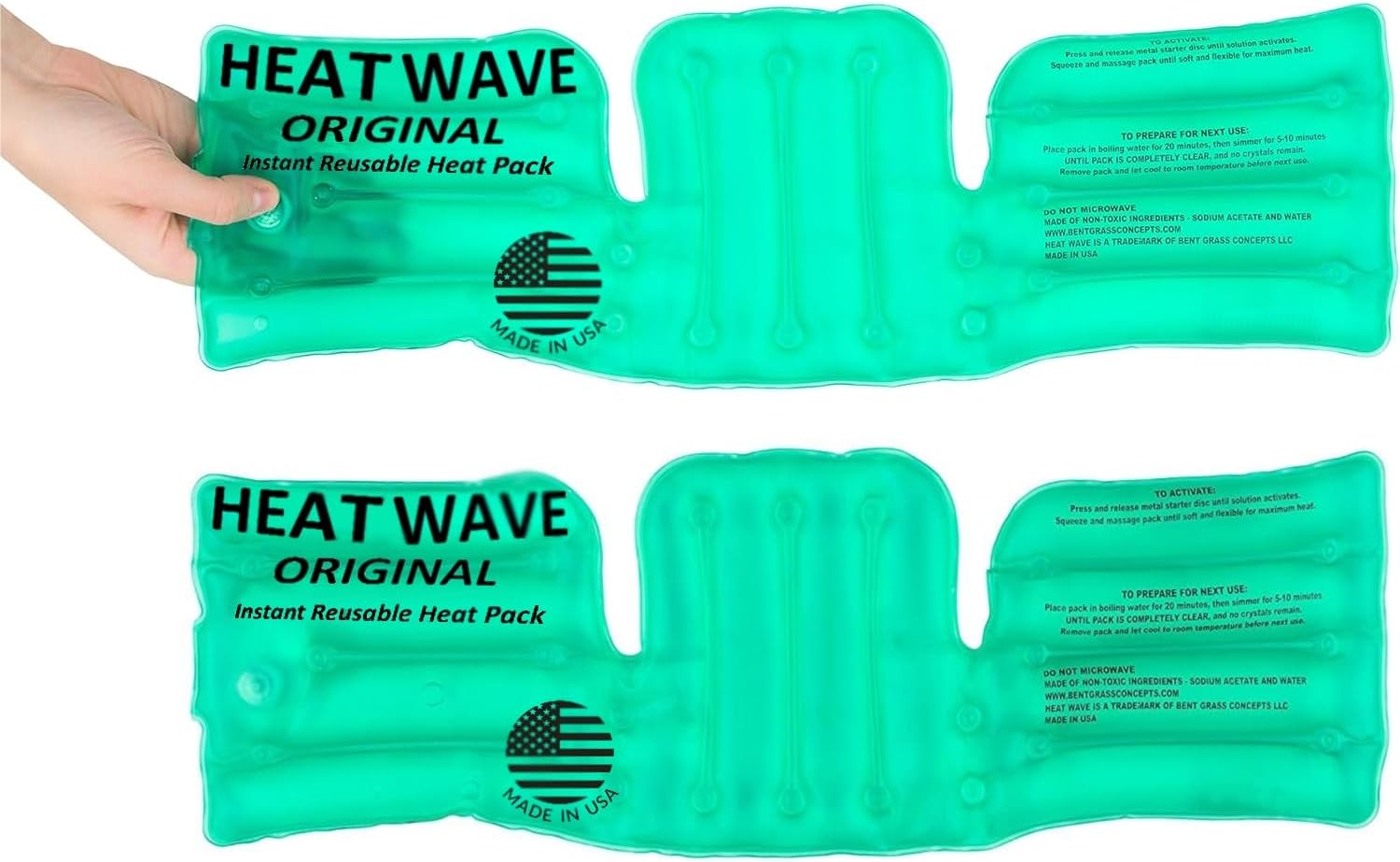 HEAT WAVE Instant Reusable Heat Packs- Back/Shoulder/Neck (6 x 18”), Reusable Heat Pack for Muscle Aches 2-Pack, Pain Relief, Click Heat - Made in USA
