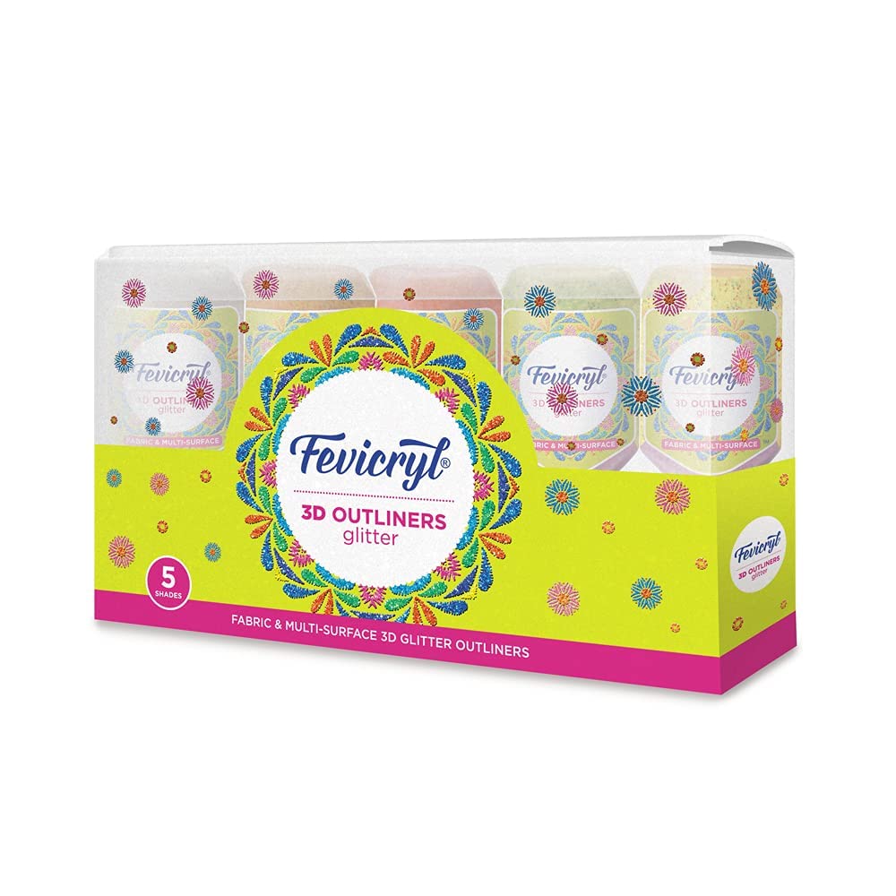 Fevicryl 3D Outliners Glitter Fabric & Multi-Surface – Set of 5 Shades