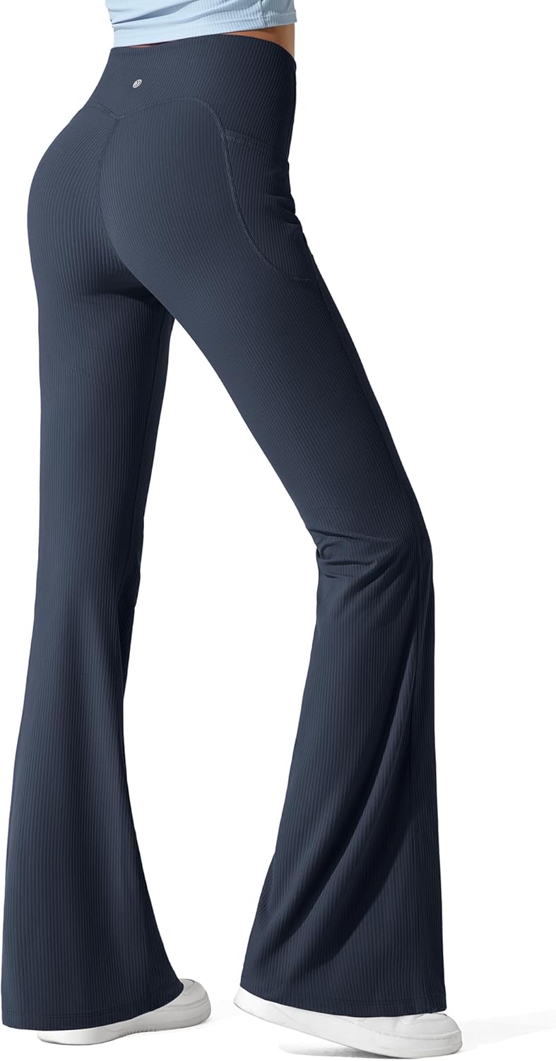 G4Free Ribbed Flare Yoga Pants with Pockets for Women High Waisted Bootcut Workout Leggings Casual