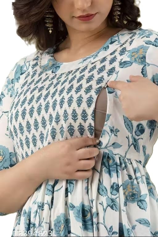 Image of Women's Floral Printed Cotton Maternity Dress Kurti with Feeding Zipper, Maternity Gown for Women, Feeding Dress, Maternity Kurti
