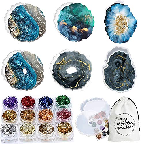 MUJUZE Silikonform Untersetzer Epoxidharz Formen,8PC Silikonformen DIY Set mit eine Box Goldfolie und Individuell Gestaltete Beutel,Silikon Formen Harz Gießen Art Achat Resin Mold Cover