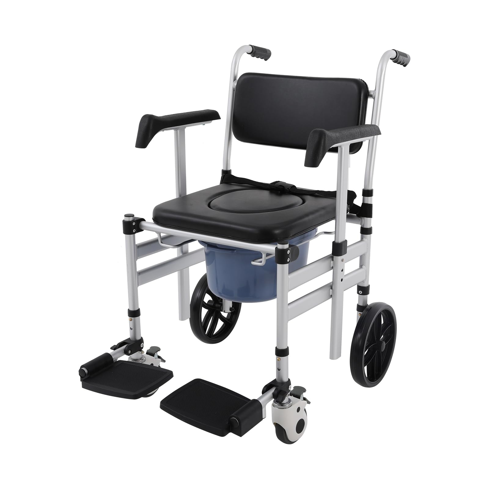 Sedia WC indipendente in alluminio con ruote, portata fino a 150 kg, altezza regolabile 46-51 cm, sedia a rotelle per il bagno, sedia a rotelle per anziani e disabili